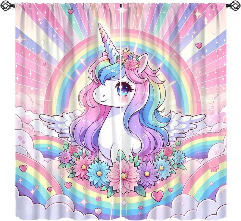 Wallira Cute Unicorn Curtains Kids,Ombre Pink Rainbow Stars Princess Cartoon Decor Rod Pocket Window Treatment for Girls Baby Room Living Room Bedroom Living Room Nursery Drapes 41" W X 45" L - Image 1